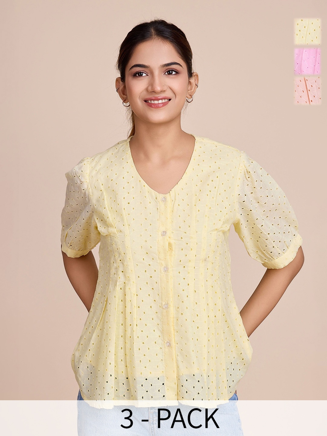 

HOUSE OF MIRA Women Pack Of 3 V-Neck Puff Sleeves Cotton Top, Yellow