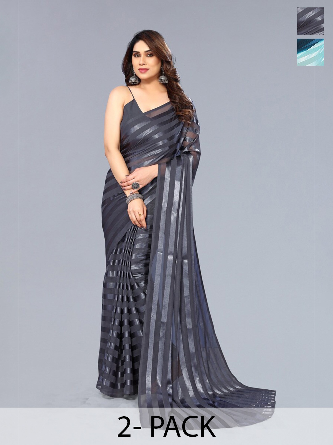 

Moda Rapido Set of 2 Striped Printed Satin Sarees With Unstitched Blouse Piece, Grey