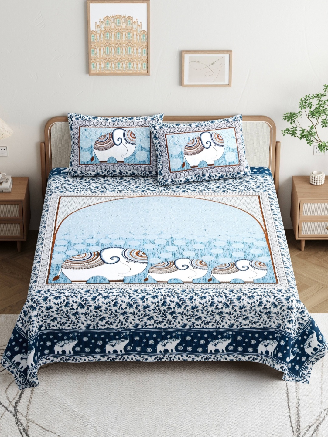 

JAIPUR PRIME Magnet Blue & White Ethnic Motifs 180 TC King Bedsheet Set 2.74 m x 2.54 m