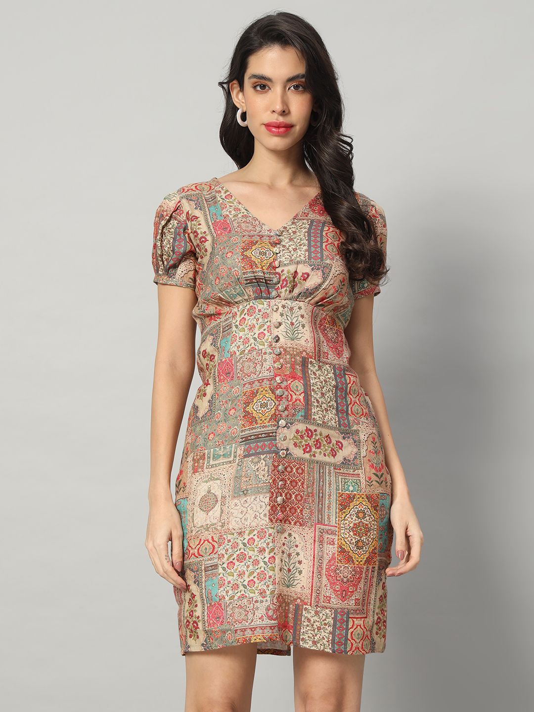 

BRIJAL LAD Women Ethnic Motifs Printed Puff Sleeves Sheath Dress, Beige