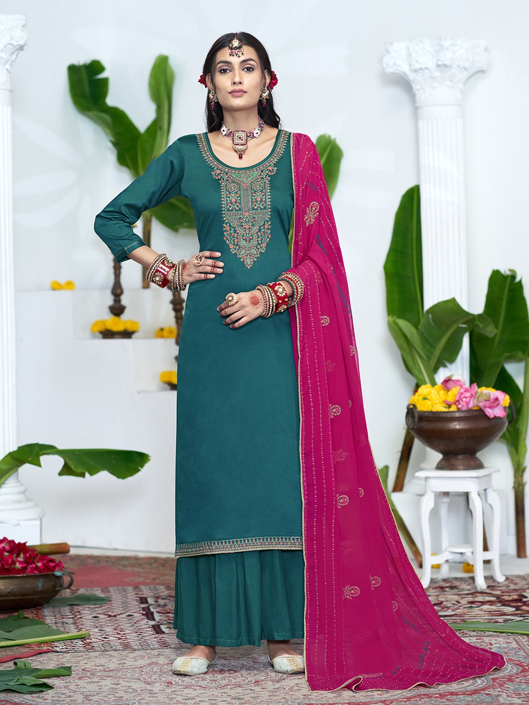 

Anouk Zari Teal Ethnic Motifs Embroidered Unstitched Dress Material