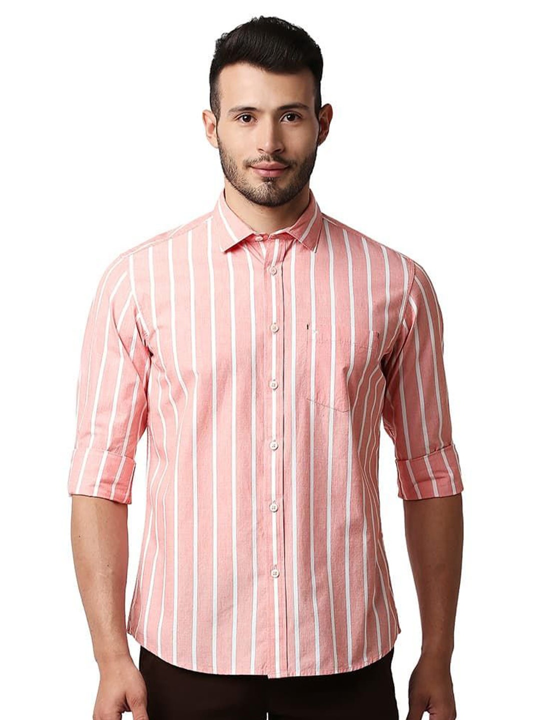 

Basics Men Relaxed Fit Spread Collar Vertical Striped Cotton Casual Shirt, Pink