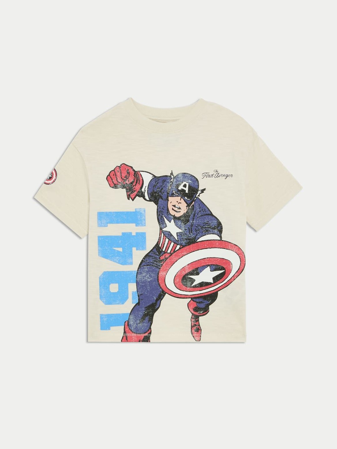 

Marks & Spencer Boys Captain America Graphic Printed Round Neck Cotton T-shirt, Beige