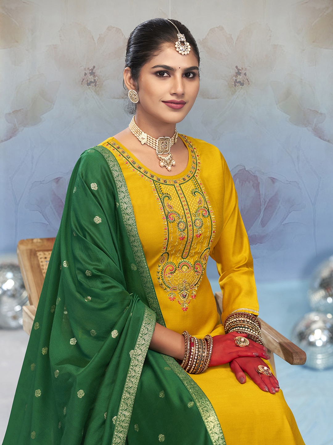 

Anouk Yellow Ethnic Motifs Embroidered Thread Work Unstitched Dress Material