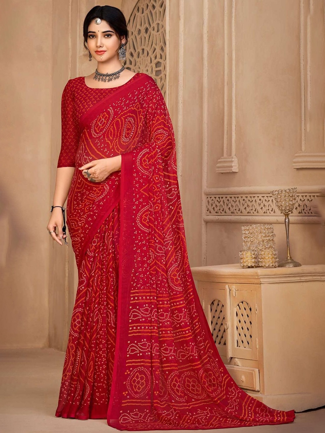 

DURGA EMPORIO Bandhani Pure Chiffon Bandhani Saree, Red