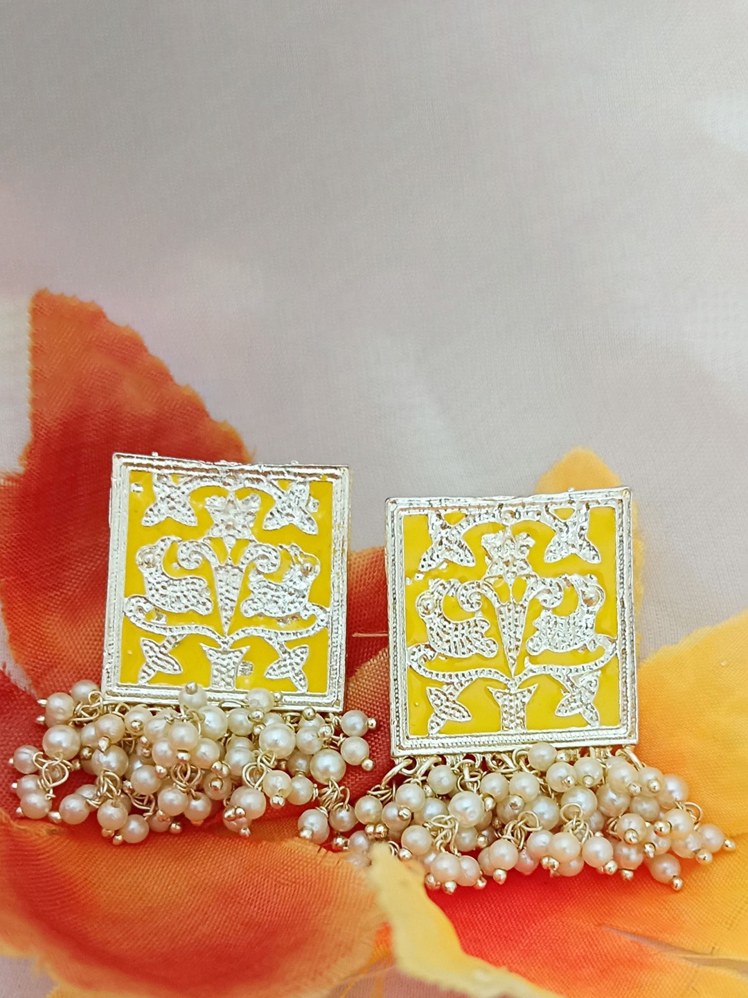 

EVY Gold-Plated Artificial Beaded Square Shaped Drop Earrings, Yellow