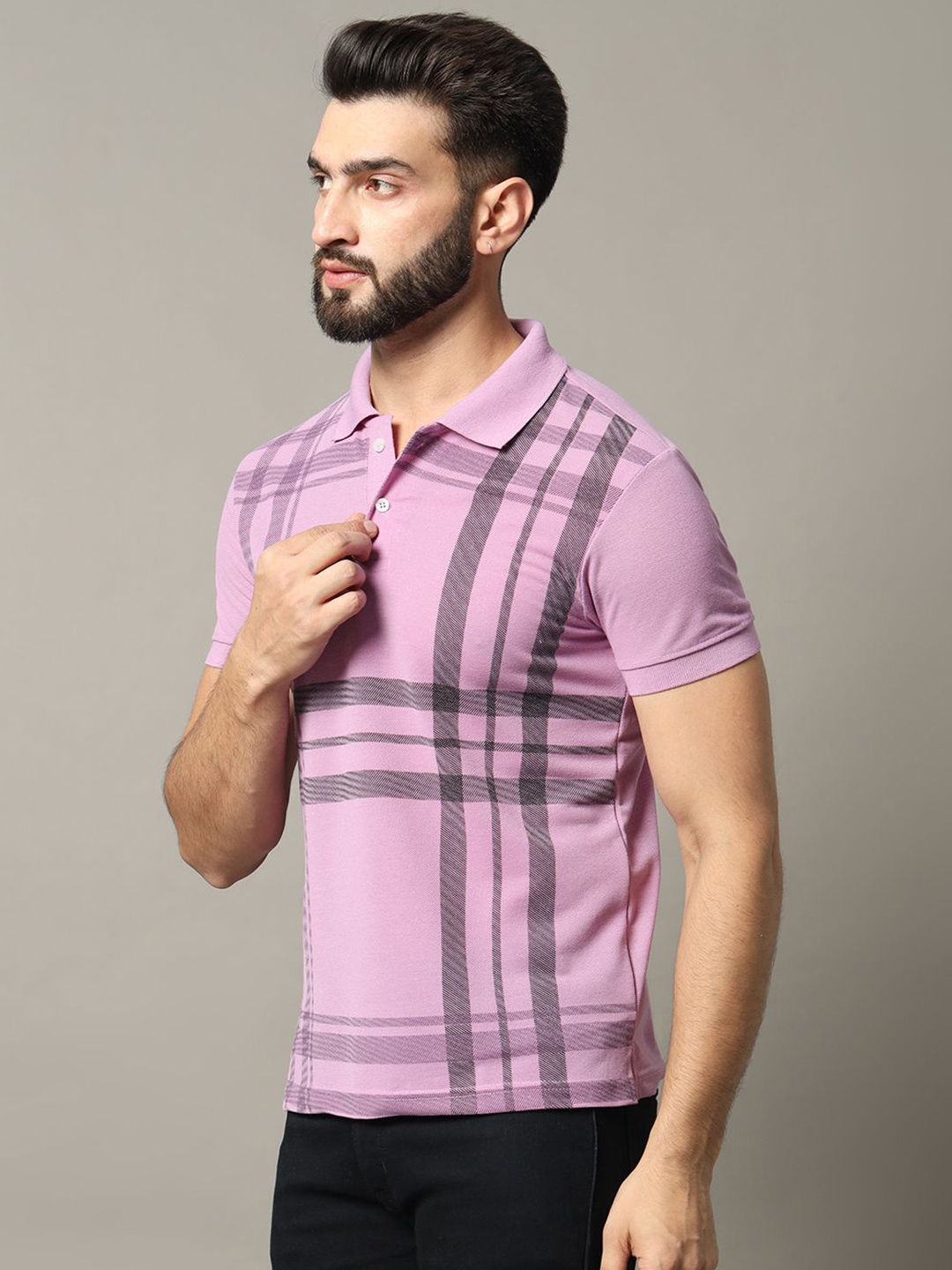 

RELANE Men Checked Polo Collar Cotton T-shirt, Lavender