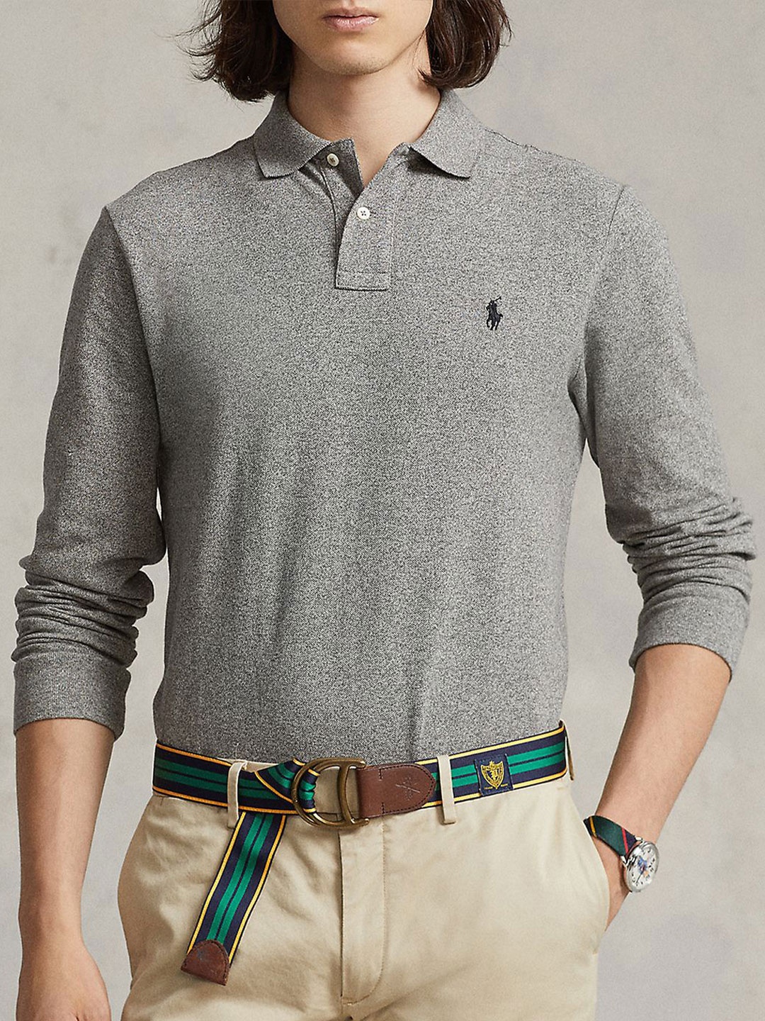 

Polo Ralph Lauren Men Solid Polo Collar Cotton Slim Fit T-shirt, Grey