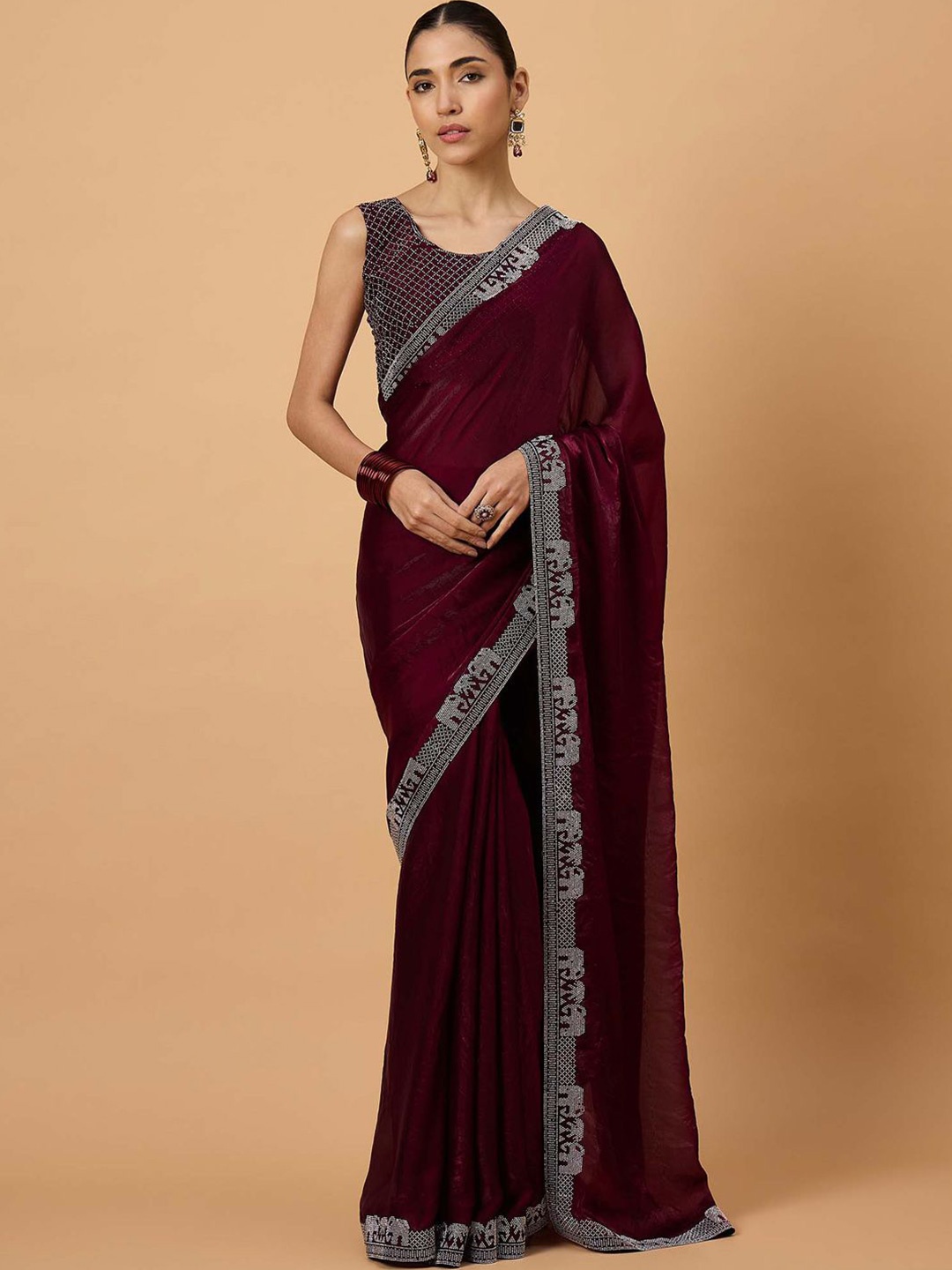 

all about you Embellished Beads and Stones Saree, Magenta