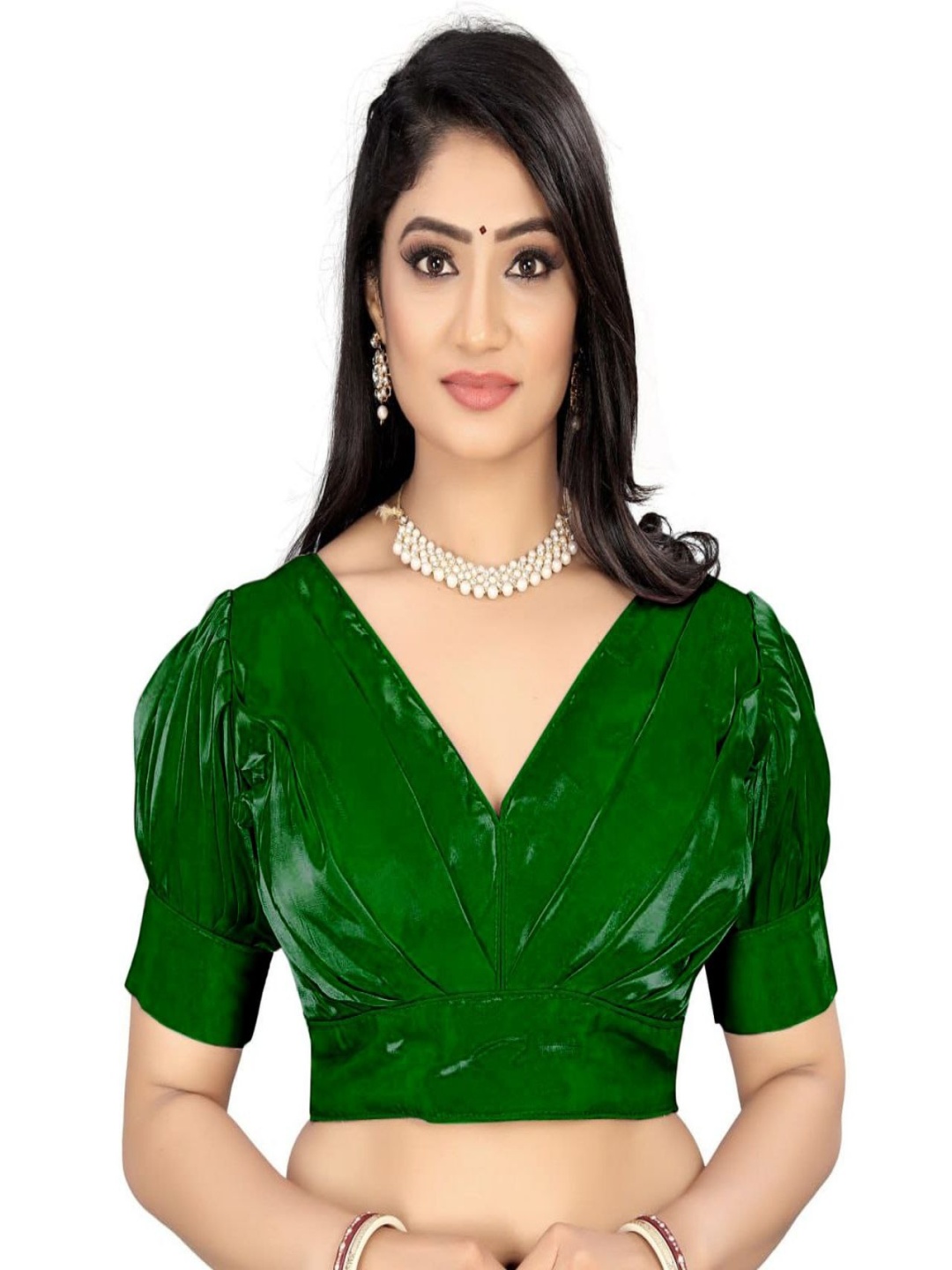 

HERE&NOW V Neck Plated Saree Blouse, Green