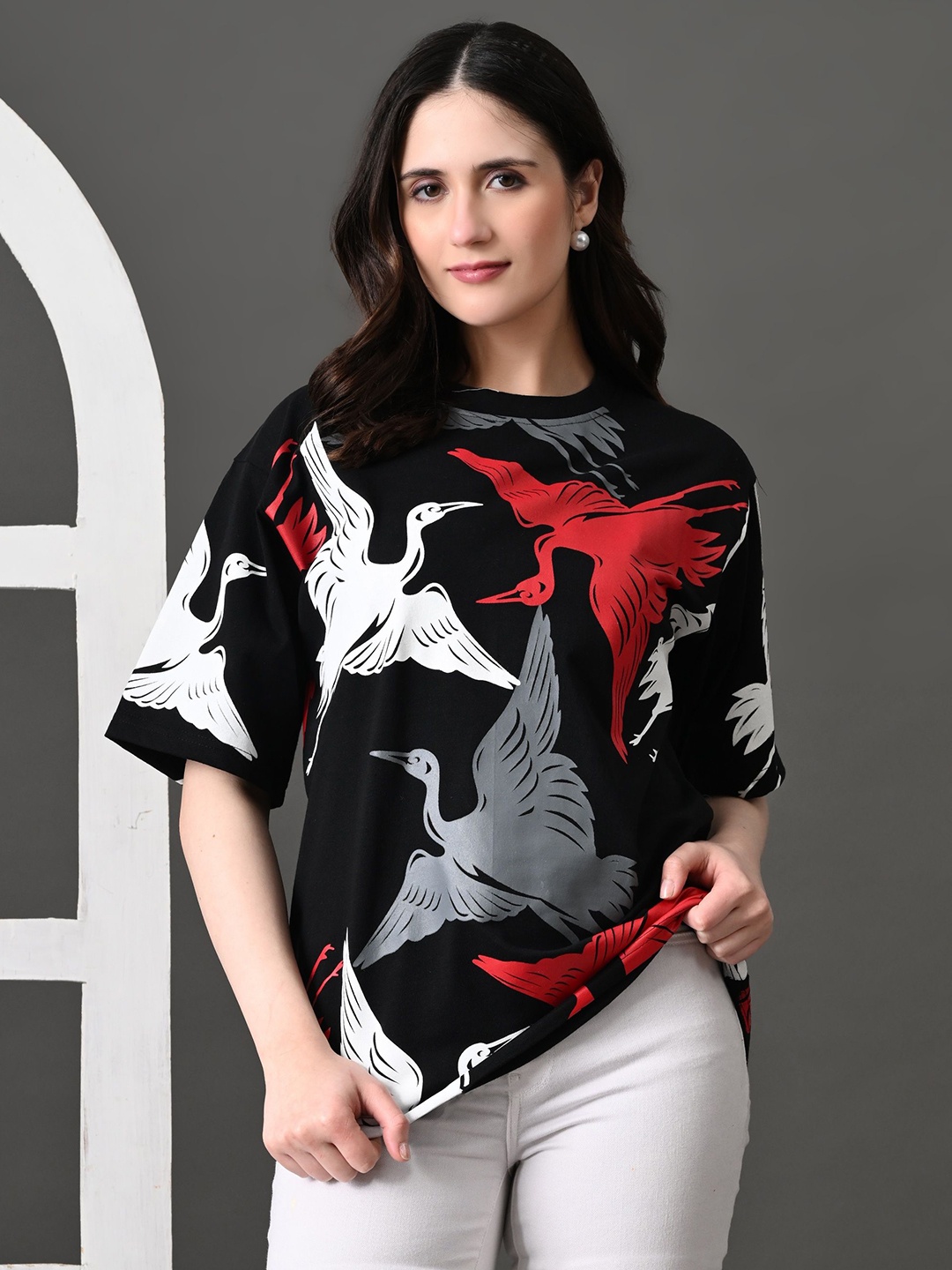 

CORSICA Women Bio Finish Conversational Printed Round Neck Cotton Oversized T-shirt, Black