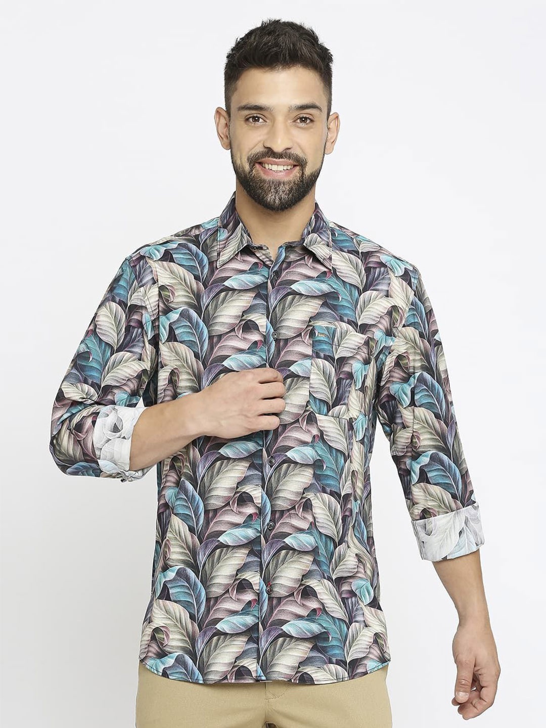 

Basics Men Relaxed Fit Spread Collar Floral Printed Cotton Casual Shirt, Brown