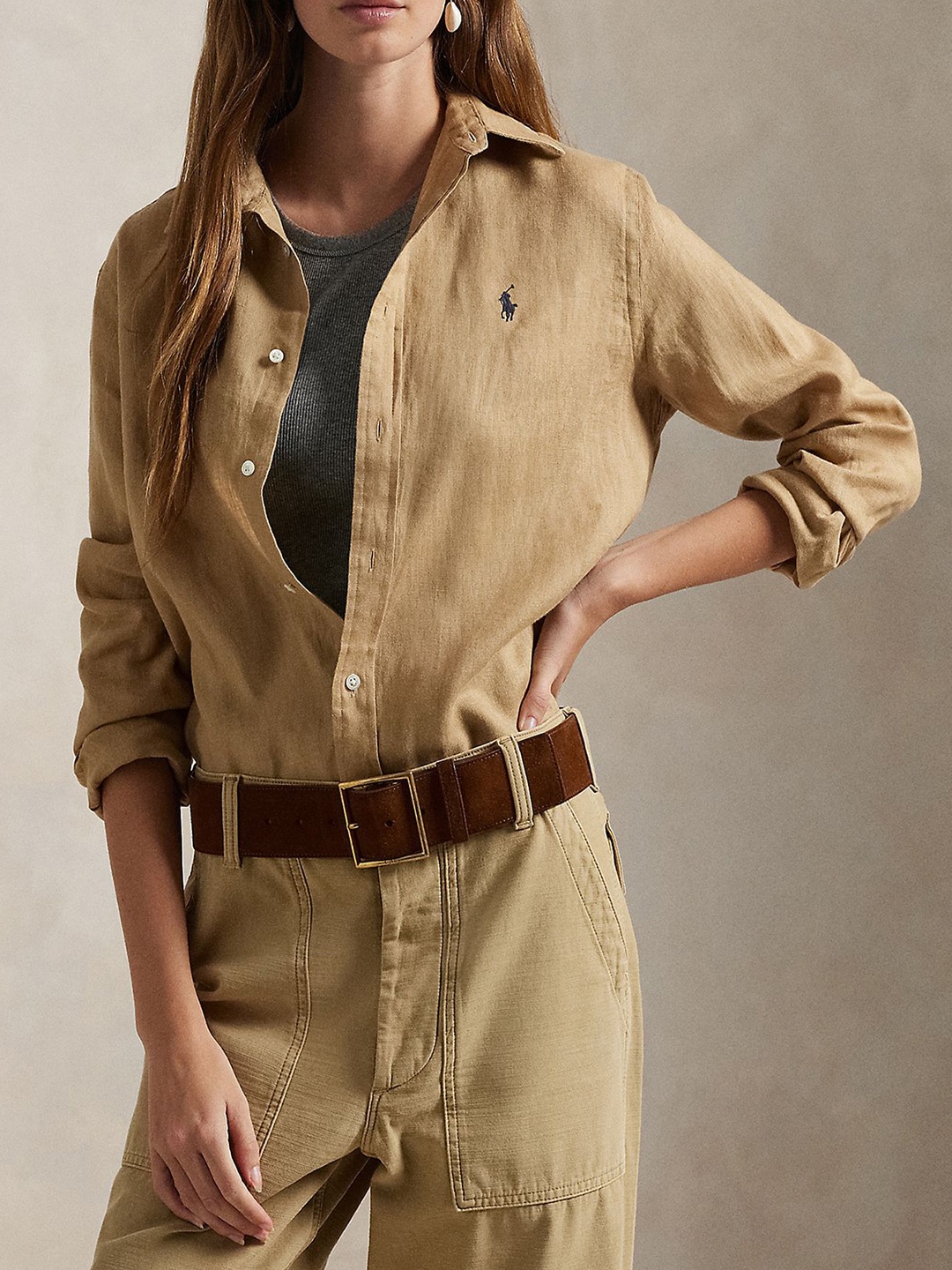 

Polo Ralph Lauren Women Spread Collar Solid Linen Casual Shirt, Beige