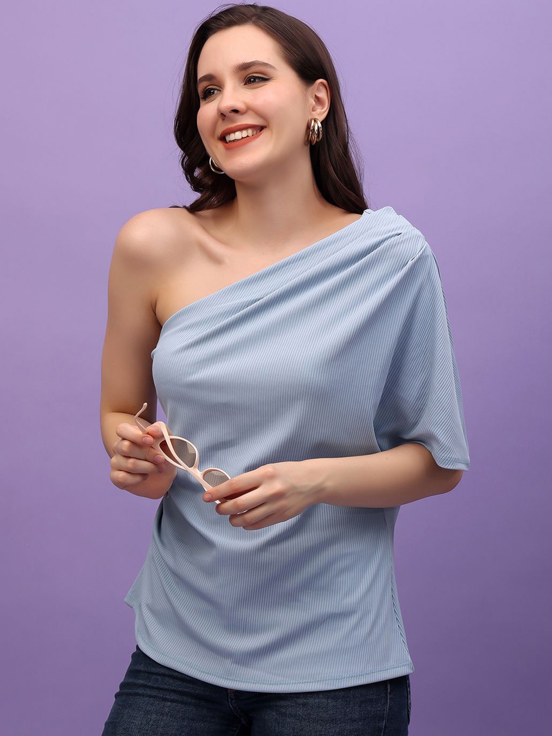 

Moda Rapido Women Ribbed One Shoulder Flared Sleeve Top, Blue