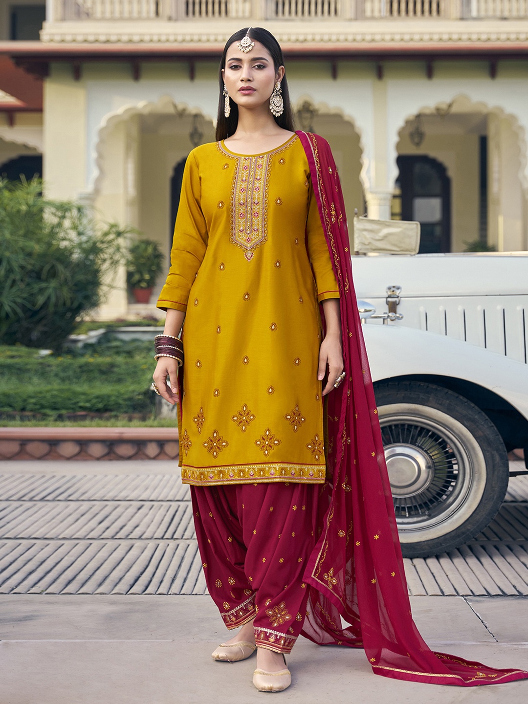 

Anouk Mustard Ethnic Motifs Embroidered Unstitched Dress Material