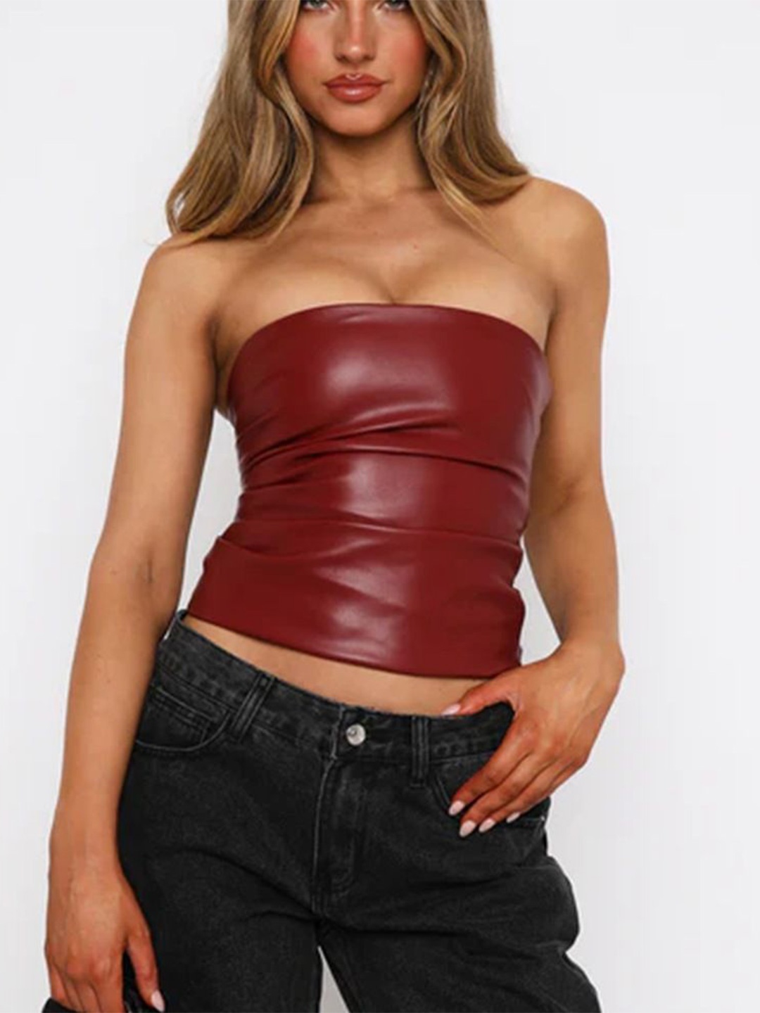 

MIAKEE Strapless Tube Crop Top, Maroon