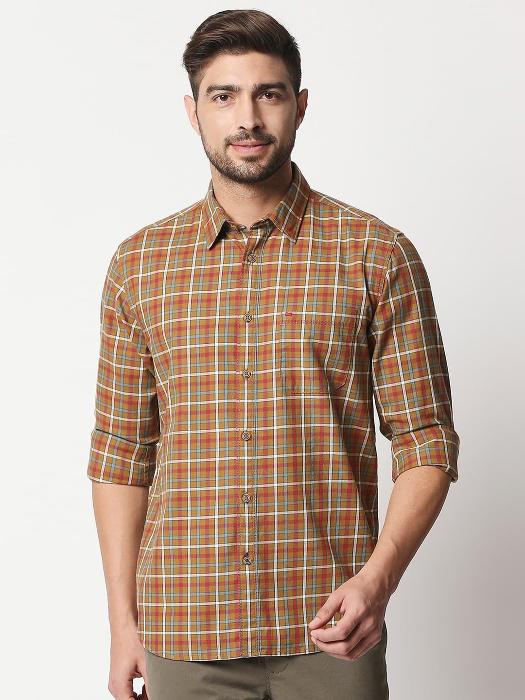 

Basics Men Relaxed Fit Spread Collar Checked Cotton Casual Shirt, Brown