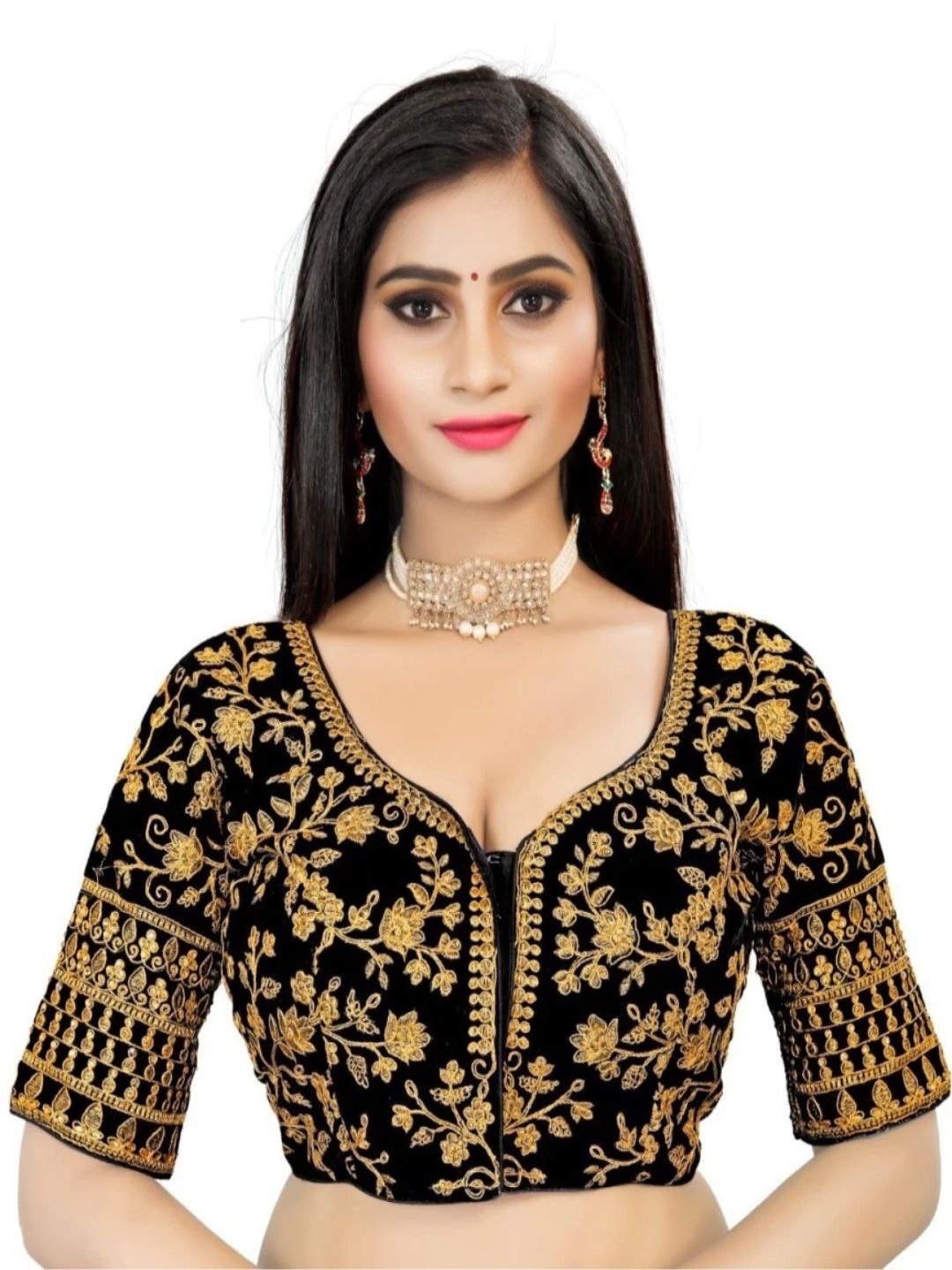 

HERE&NOW Embroidered V Neck Saree Blouse, Black