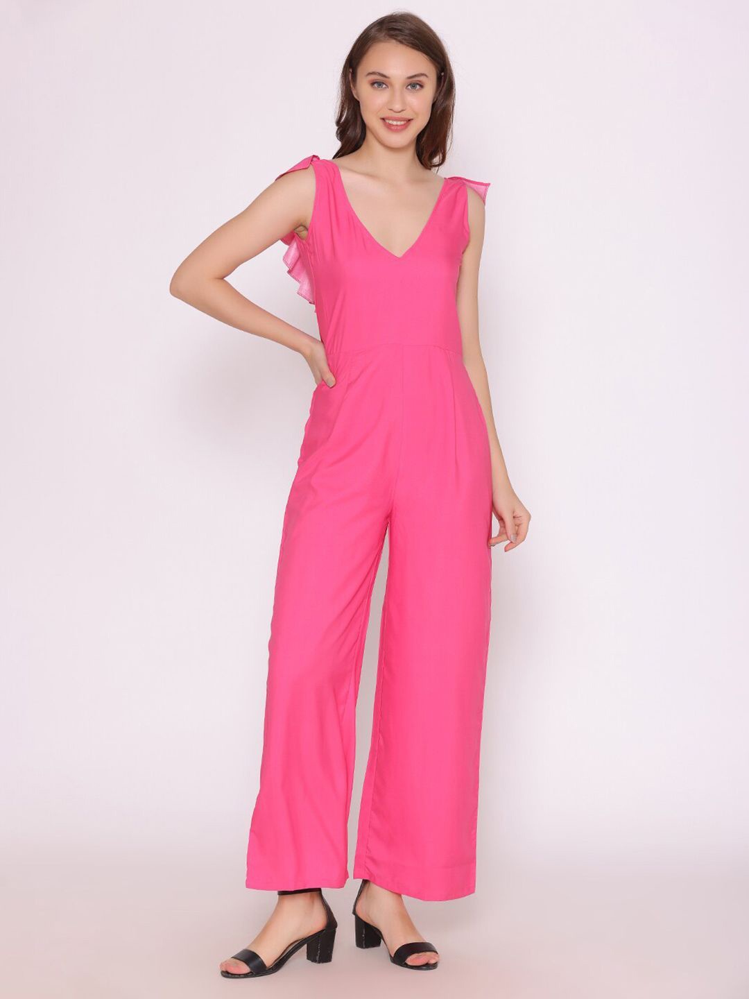 

DressBerry Women V-Neck Sleeveless Basic Jumpsuit With Ruffles, Pink