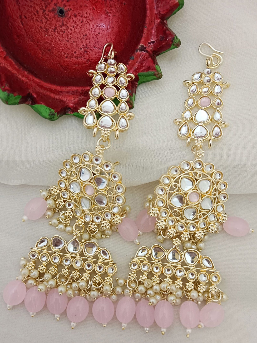 

EVY Gold-Plated Kundan Studded & Pearls Contemporary Drop Earrings, Pink