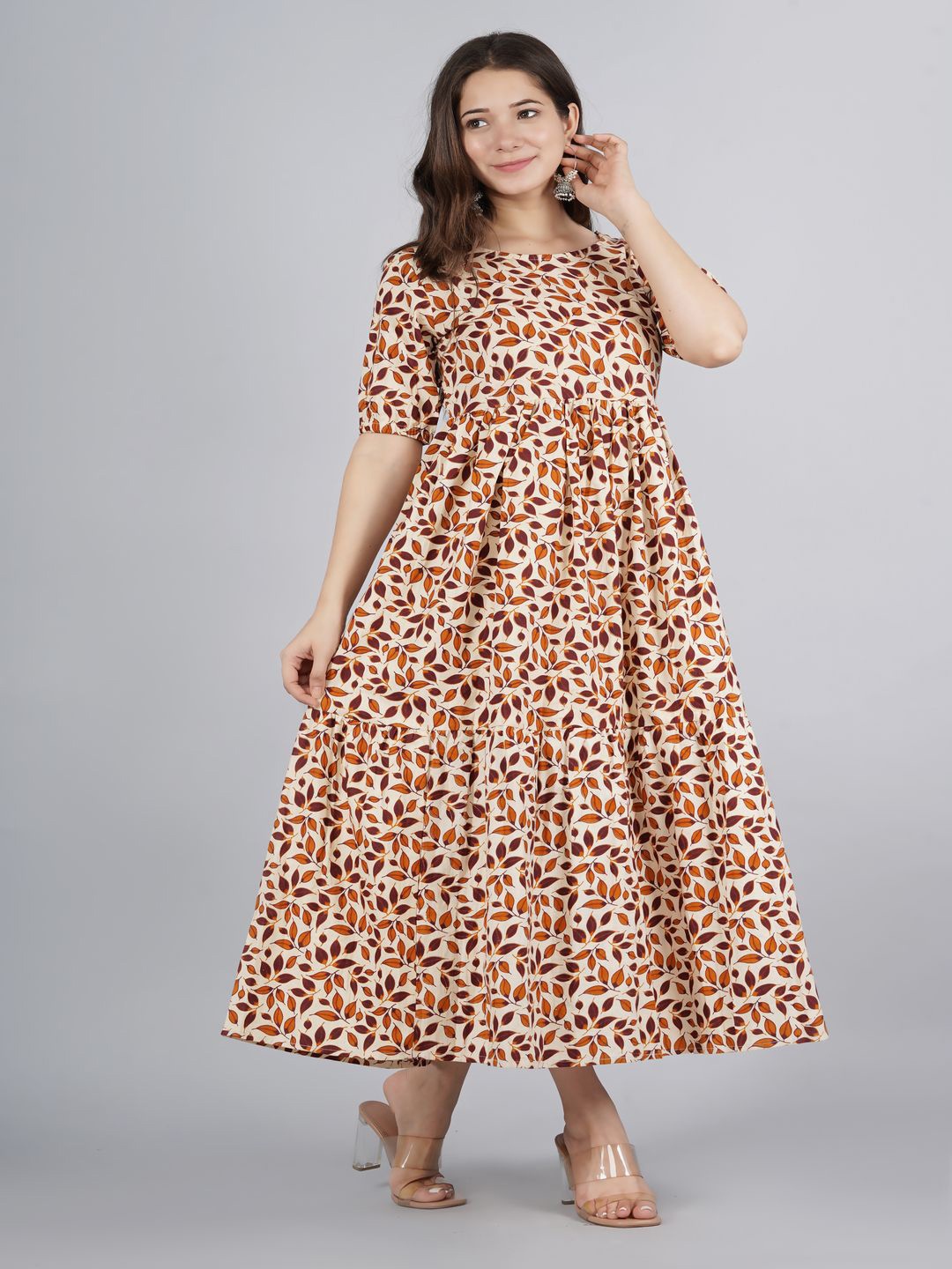 

Malia Floral Print Bell Sleeve Fit & Flare Midi Dress, Brown