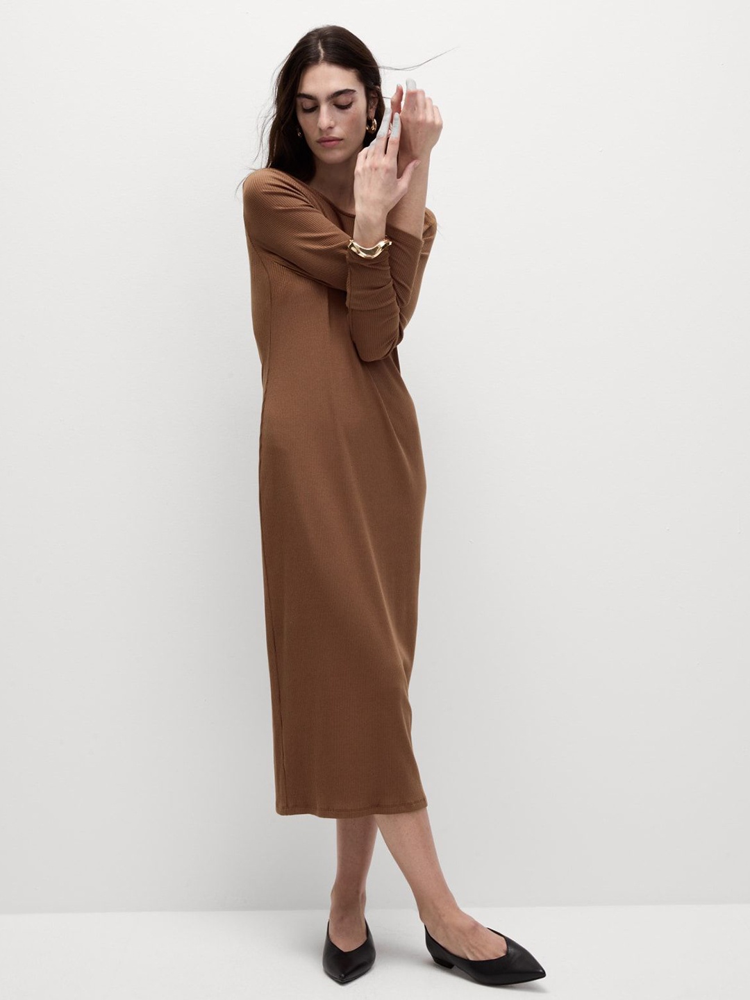 

Marks & Spencer Ribbed Round Neck Shift Midi Dress, Brown