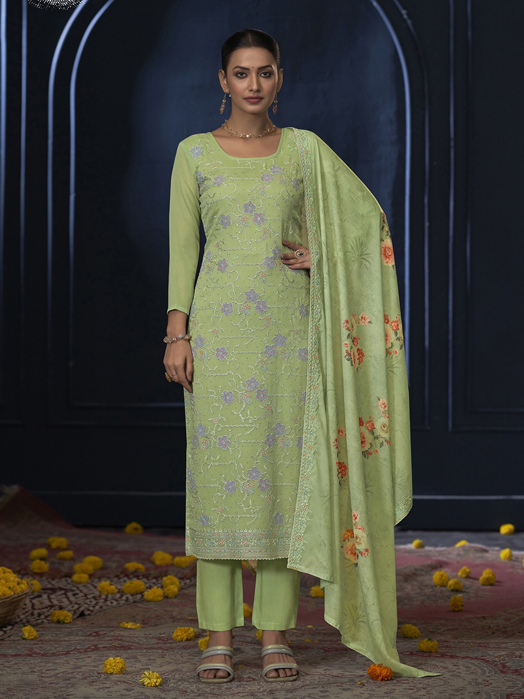 

Anouk Green Floral Embroidered Beads And Stones Georgette Unstitched Dress Material