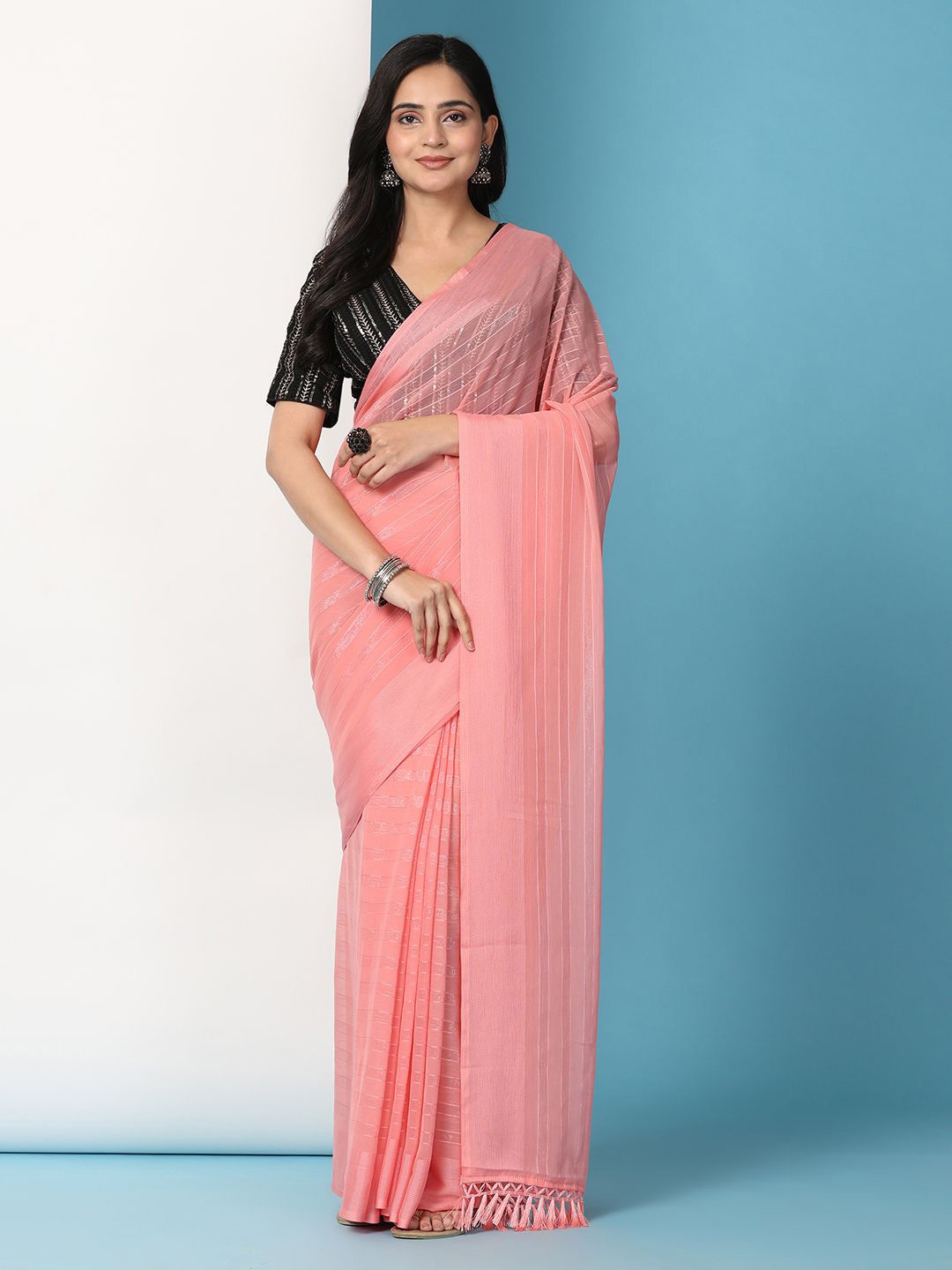 

Pionex Striped Saree With Stitched Blouse, Peach