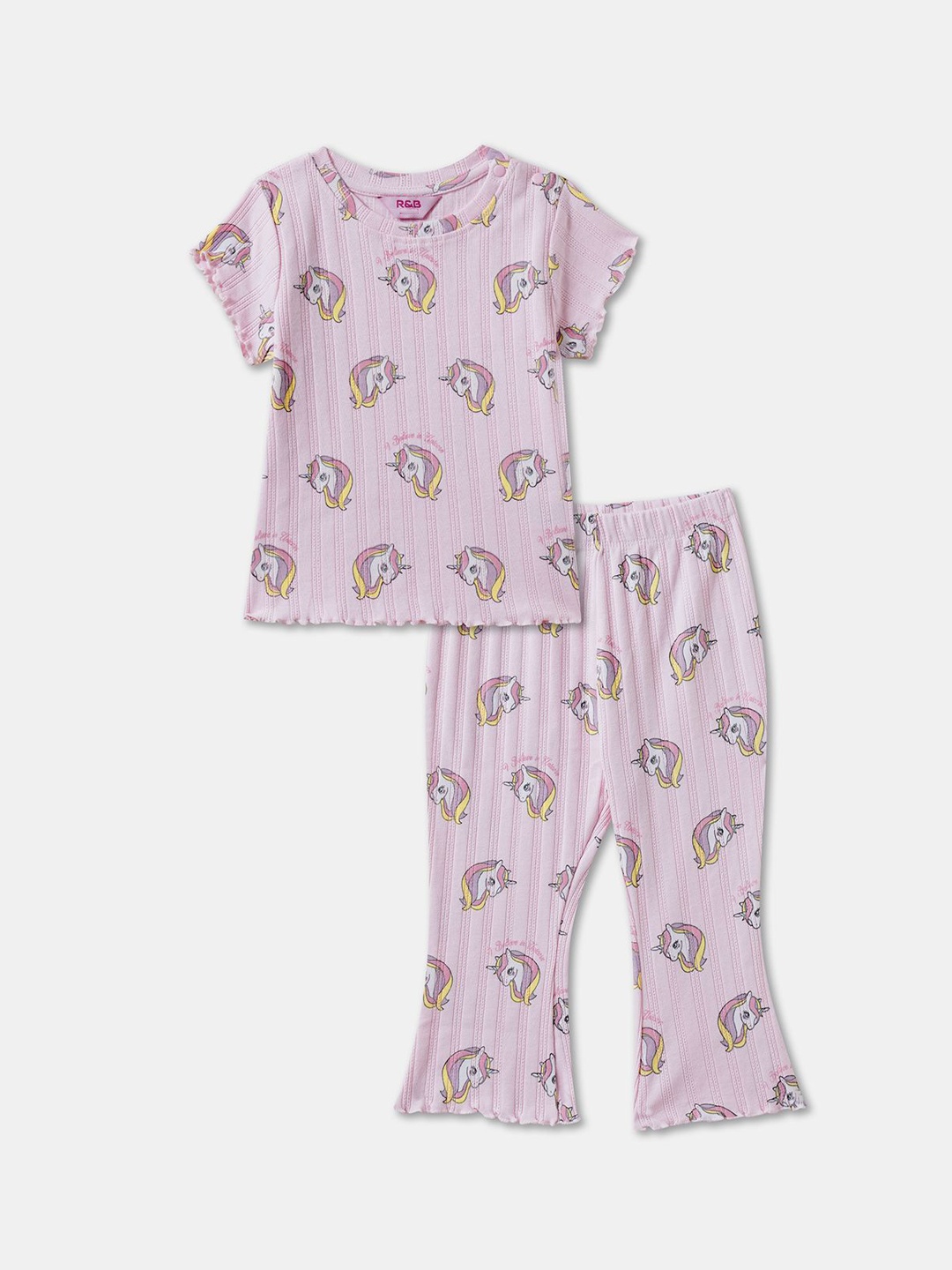 

R&B Girls Printed Round Neck Pure Cotton T-shirt With Trousers, Purple