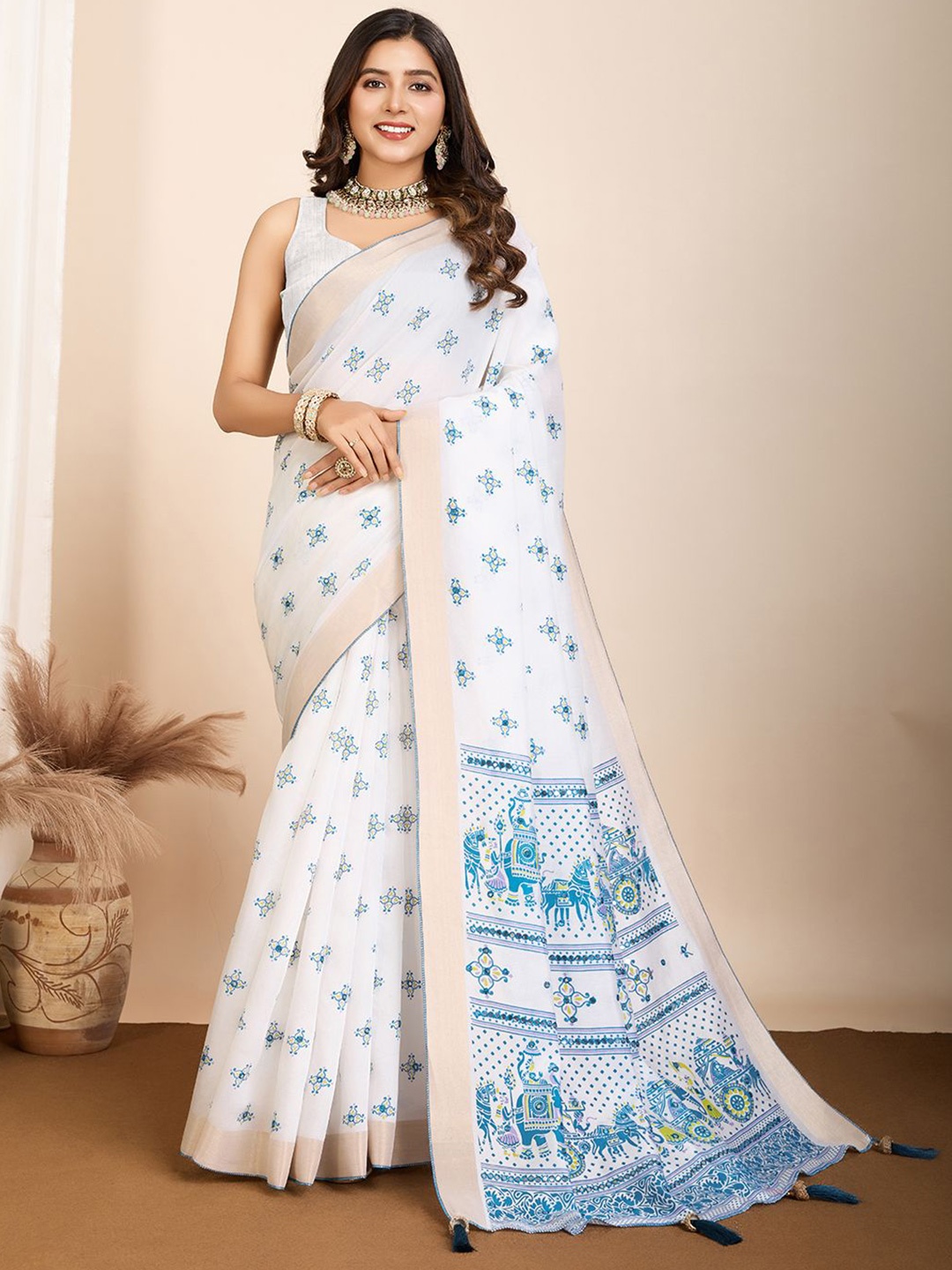 

HEER FASHION Mirror Work Block Printed Saree, Blue