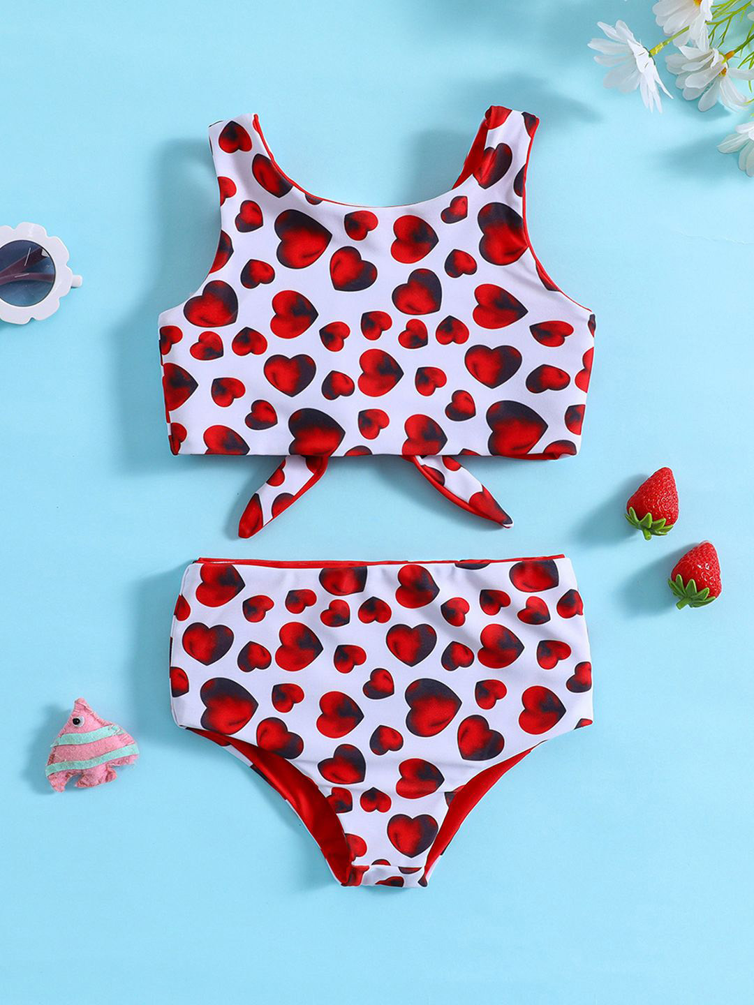 

YK Girls Full Coverage Printed Top & Briefs Swim Set, Red