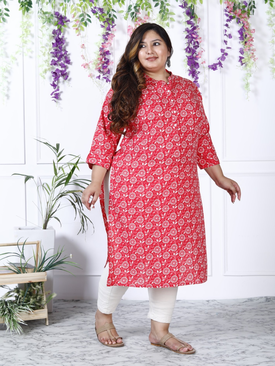 

ASANSHI Plus Size Floral Printed Mandarin Collar Straight Kurta, Pink