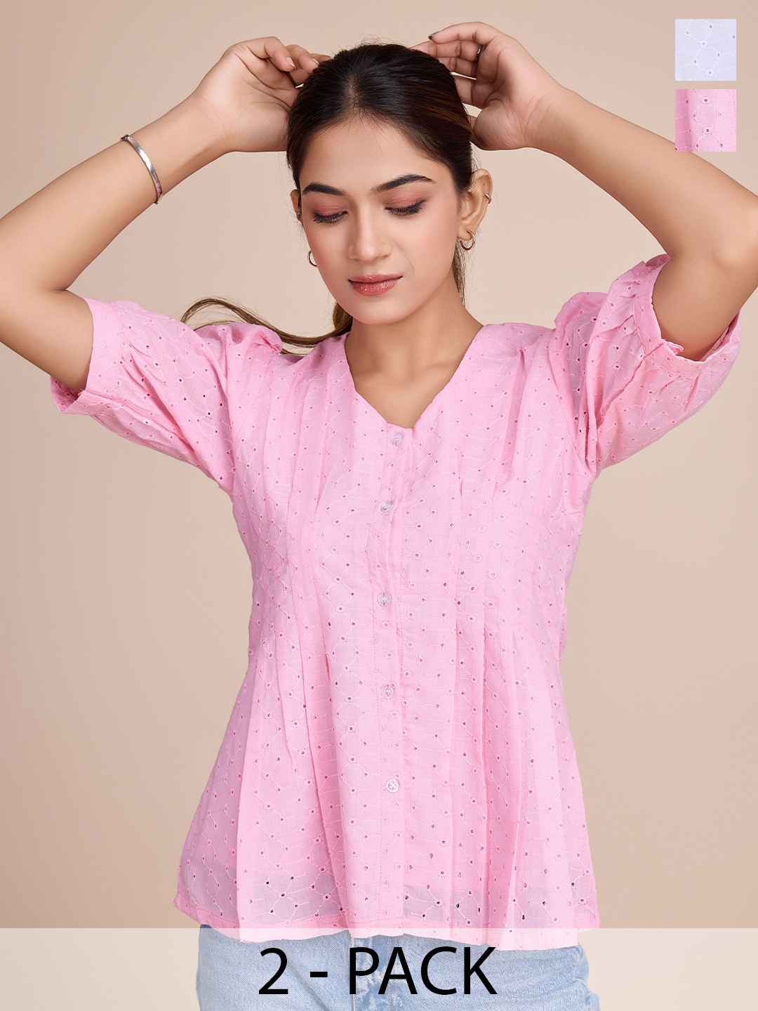 

HOUSE OF MIRA Pack of 2 Cotton Self Design V-Neck Top, White
