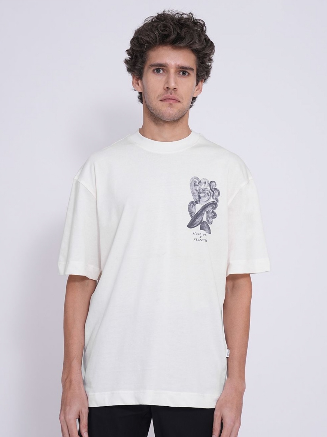 

SELECTED Men Graphic Printed Round Neck Cotton Relaxed Fit T-shirt, White