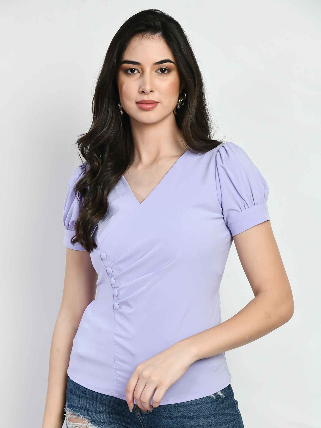 

Fruba Women Solid V-Neck Top, Lavender