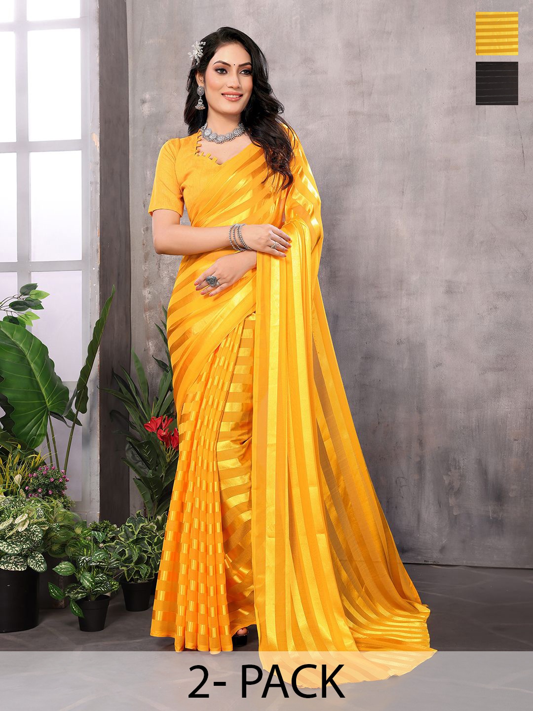 

Moda Rapido Set of 2 Striped Satin Saree, Yellow
