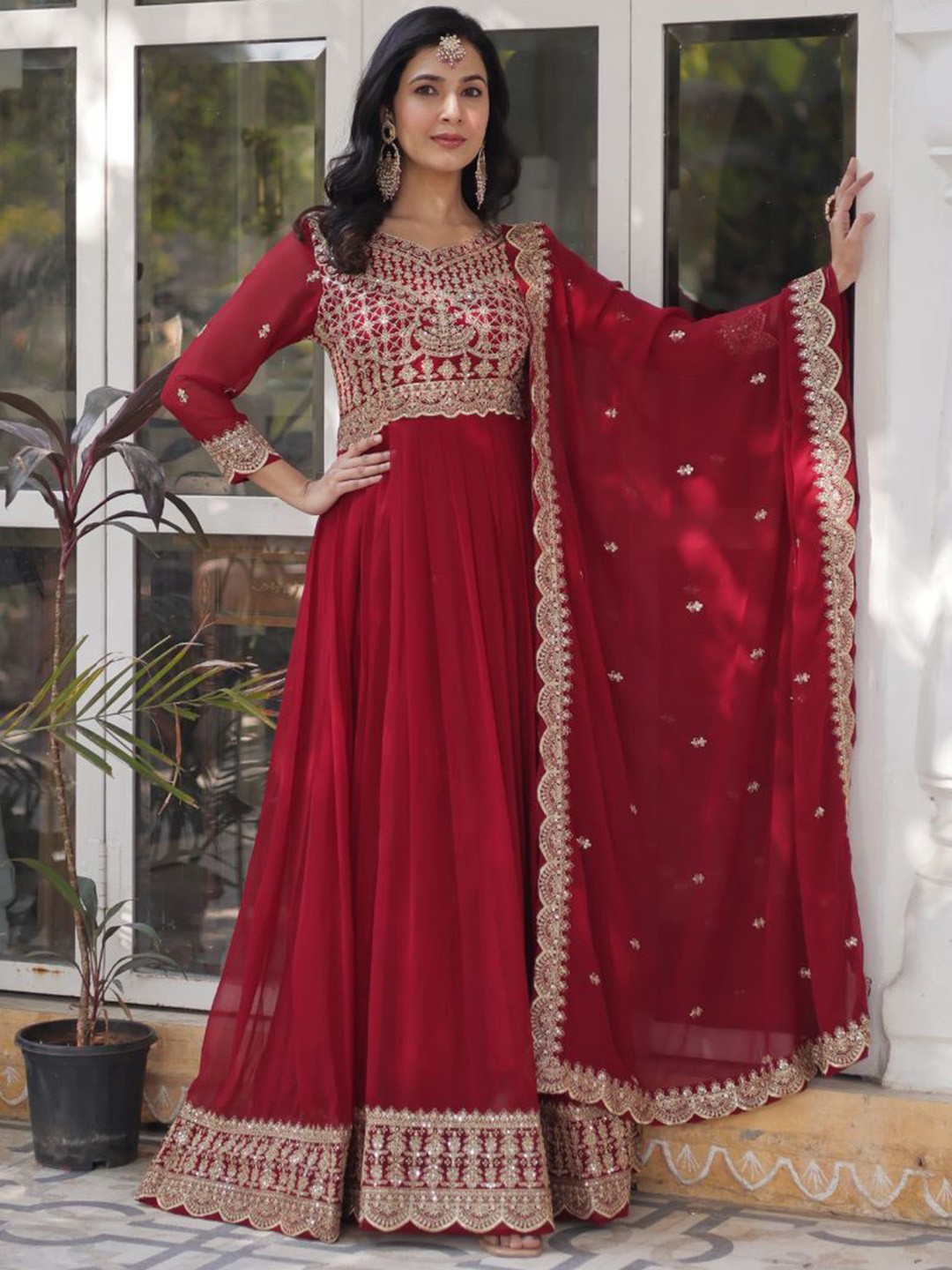 

JATRIQQ Women Embroidered Georgette Ethnic Gown With Dupatta, Maroon