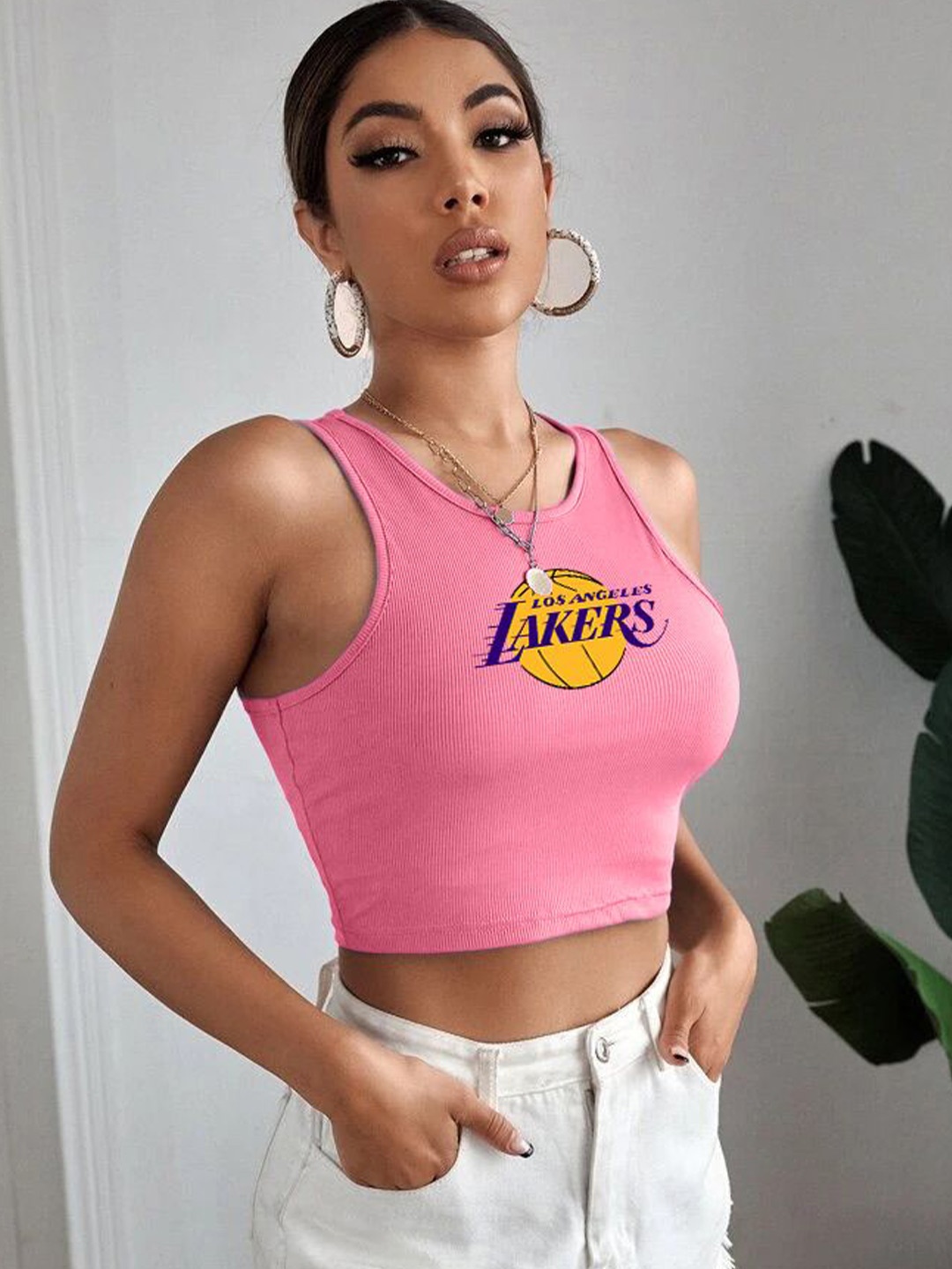 

TABADTOD Women Printed Ribbed Cotton Crop Fitted Top, Pink