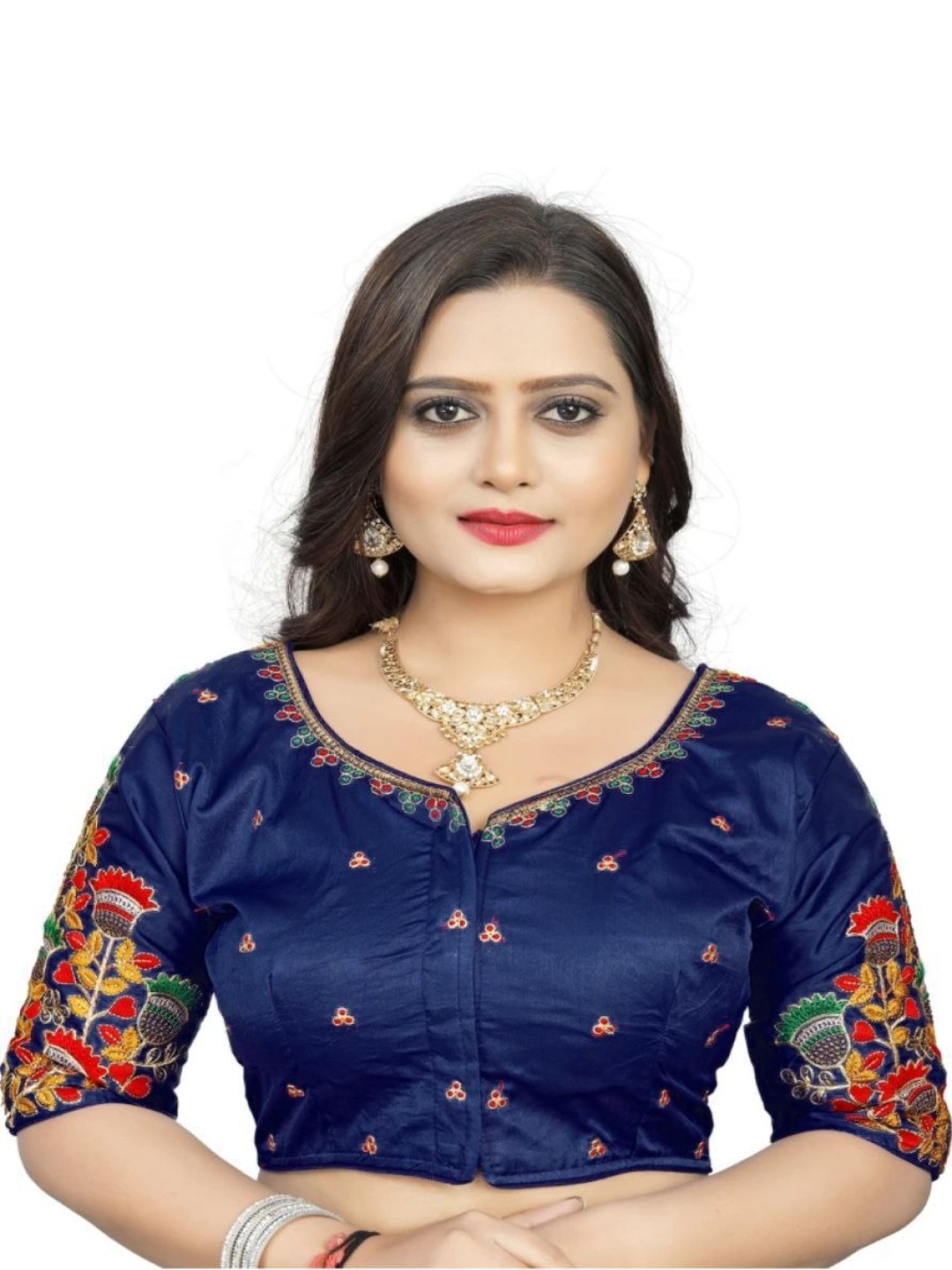 

HERE&NOW Embroidered Saree Blouse, Navy blue