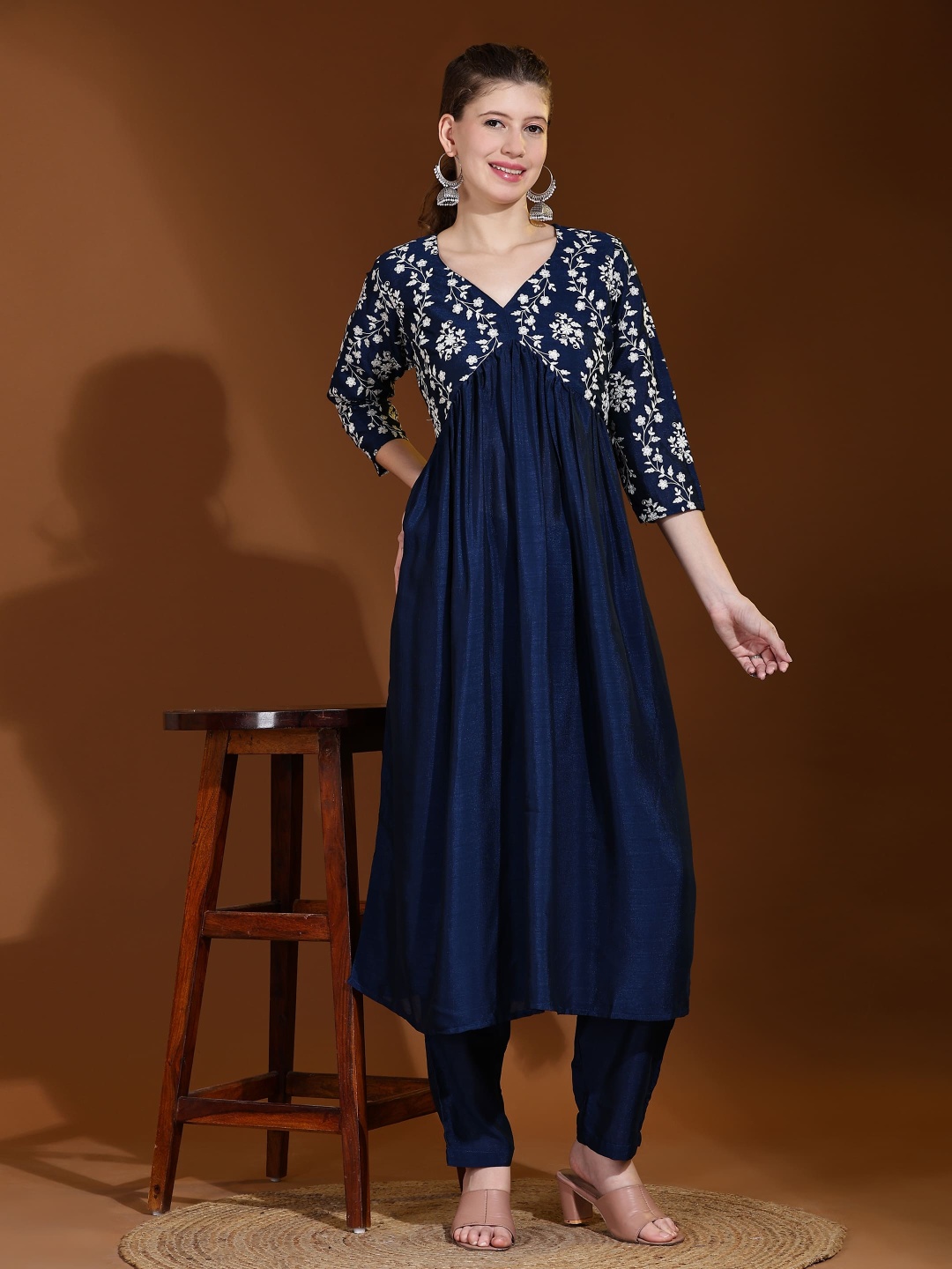 

Raave Floral Yoke Design Empire V-Neck Thread Work Georgette A-Line Kurta With Trousers, Navy blue