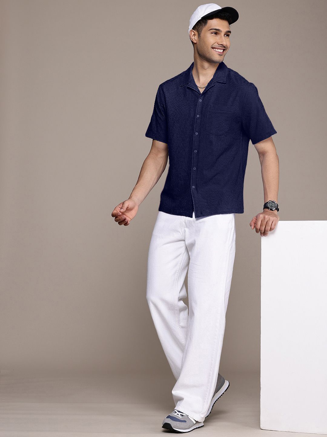 

SZN Men Standard Fit Cuban Collar Textured Casual Shirt, Navy blue