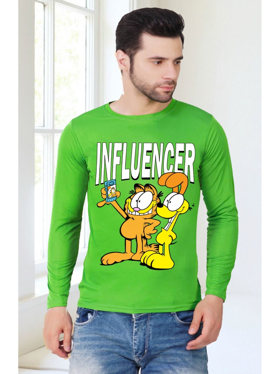 

ZEN1 FASHION Men Garfield Abzorb Graphic Printed Round Neck Cotton T-shirt, Green