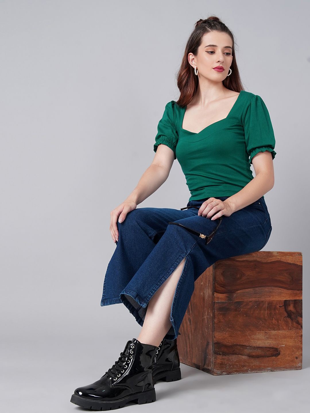 

Moda Rapido Women Sweetheart Neck Cotton Crop Top, Green