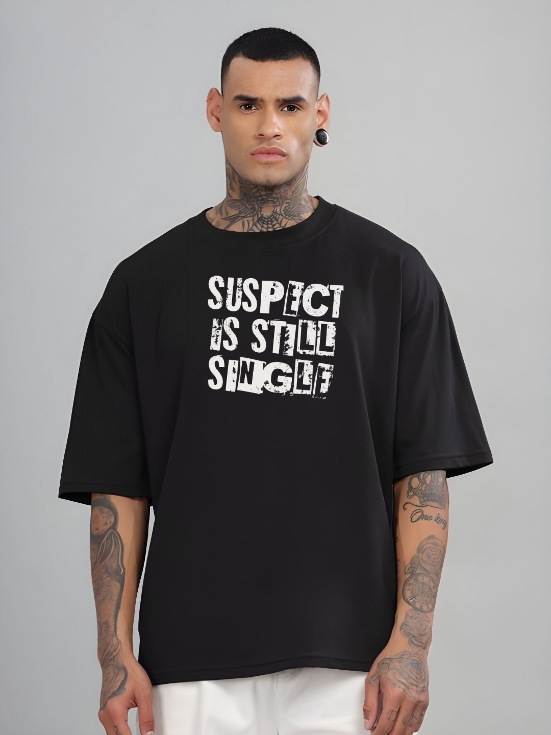 

SZN Men Typography Printed Round Neck Cotton Oversized T-shirt, Black