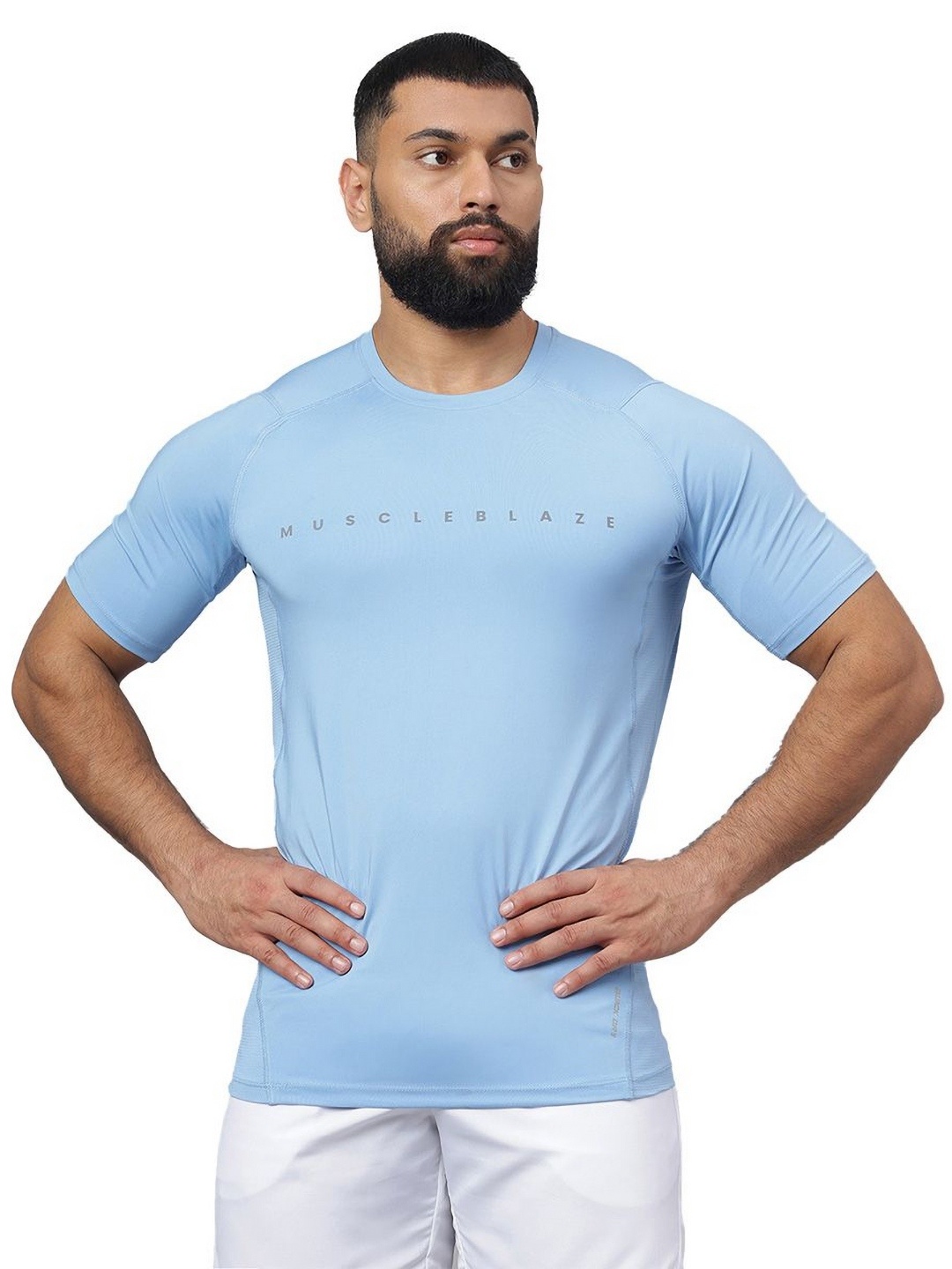 

MuscleBlaze Unisex Brand Logo Printed Round Neck Compression T-shirt, Blue