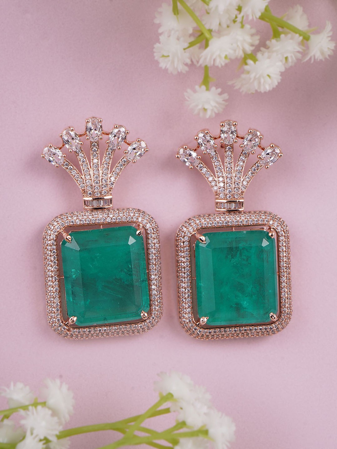 

Adwitiya Collection Rose Gold-Plated Cubic Zirconia Studded Contemporary Drop Earrings, Green