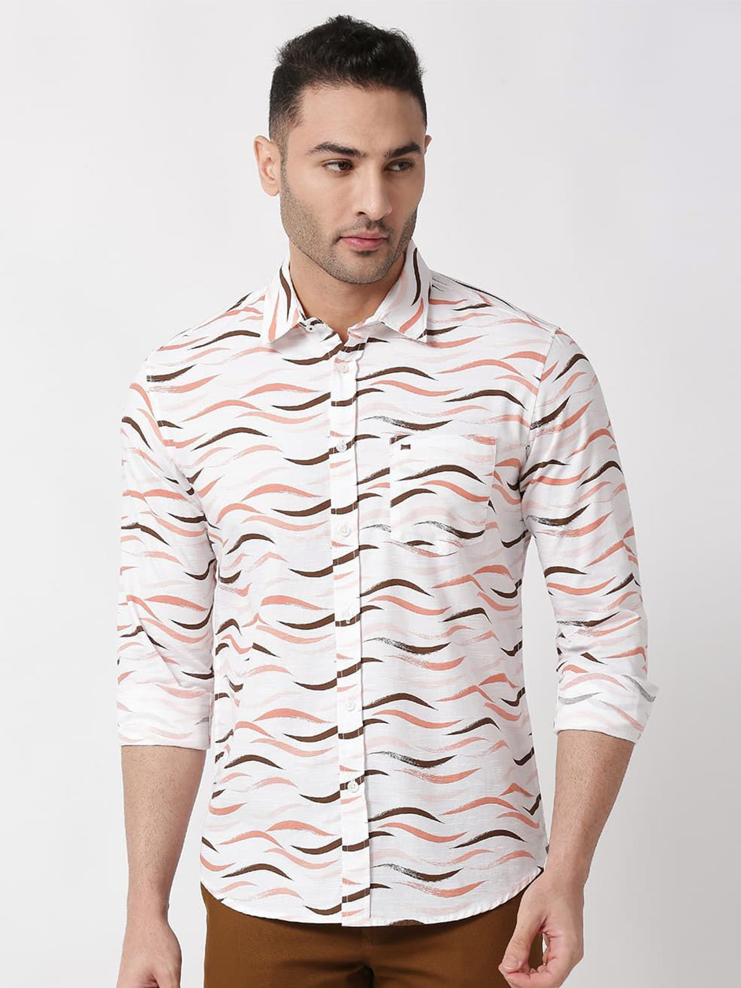 

Basics Men Relaxed Fit Spread Collar Abstract Printed Cotton Casual Shirt, White