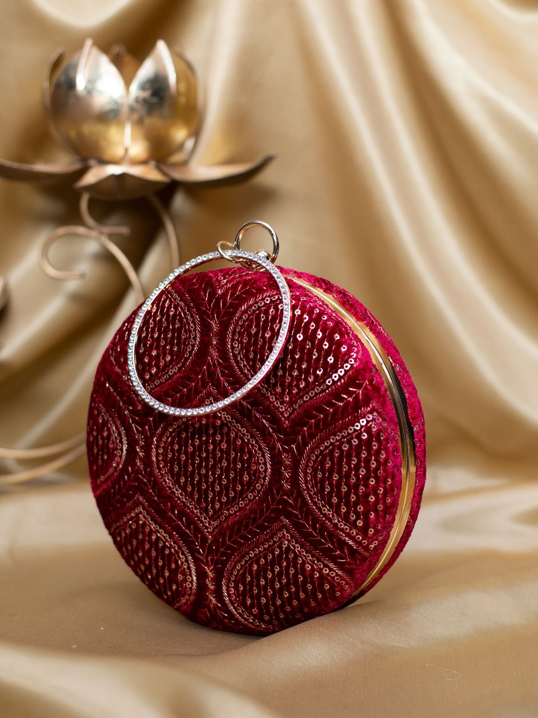 

ARTKLIM Thread Work And Sequins Embroidered Box Clutch, Maroon
