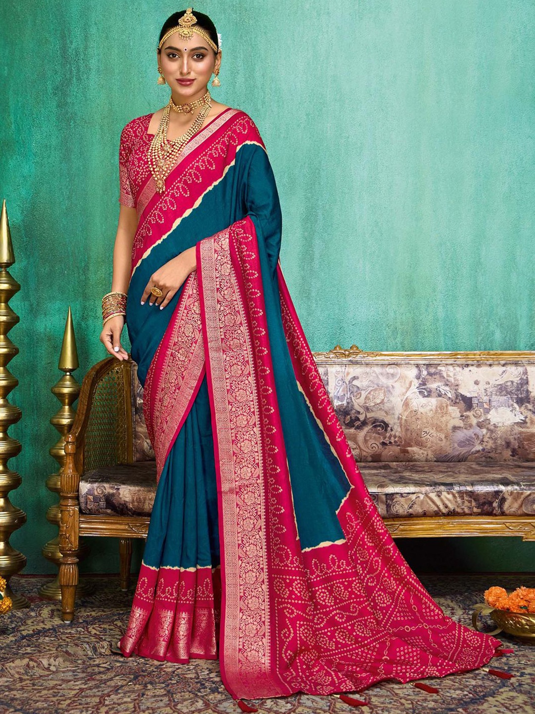 

Anouk Bandhani Silk Blend Bandhani Saree, Teal