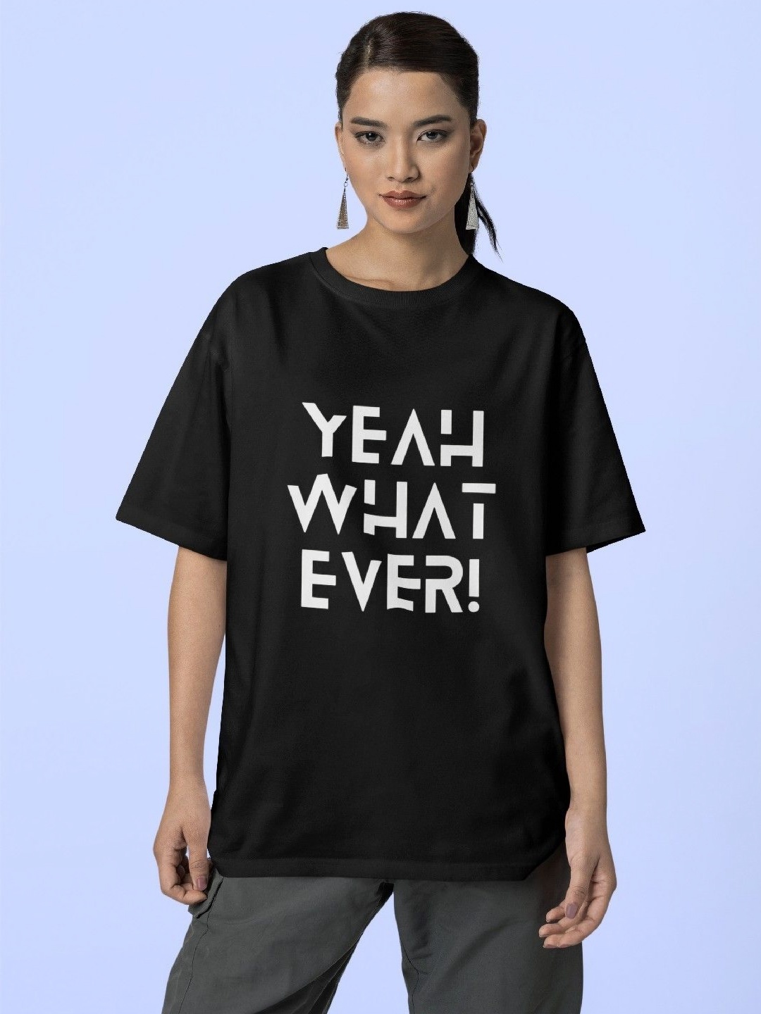 

Reifica Women Typography Printed Round Neck Cotton Oversized T-shirt, Black
